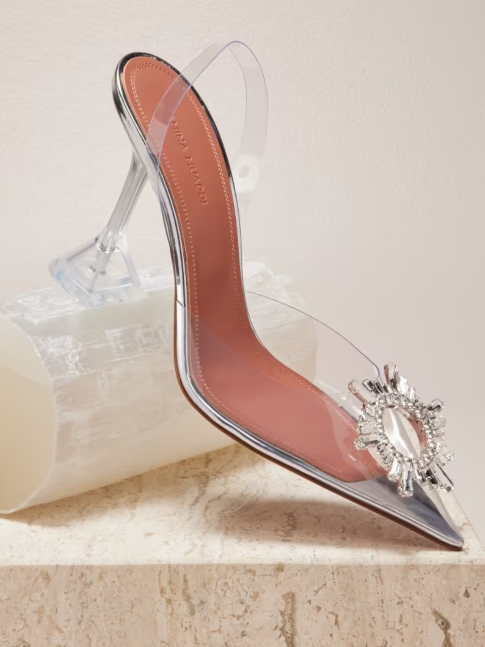 Amina Muaddi Begum Transparent Embellished Pointed Toe Slingback Pump